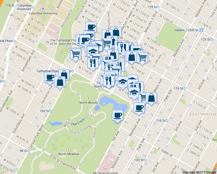 map of restaurants, bars, coffee shops, grocery stores, and more near in New York