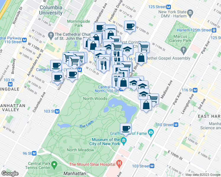 map of restaurants, bars, coffee shops, grocery stores, and more near Malcolm X Boulevard in New York