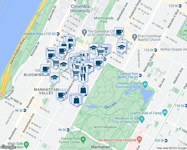 map of restaurants, bars, coffee shops, grocery stores, and more near 461 Central Park West in New York