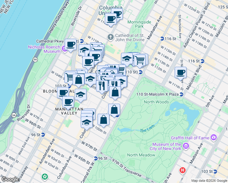 map of restaurants, bars, coffee shops, grocery stores, and more near 143-147 West 106th Street in New York