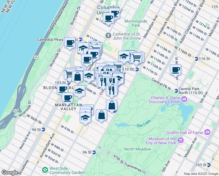map of restaurants, bars, coffee shops, grocery stores, and more near 143-147 West 106th Street in New York