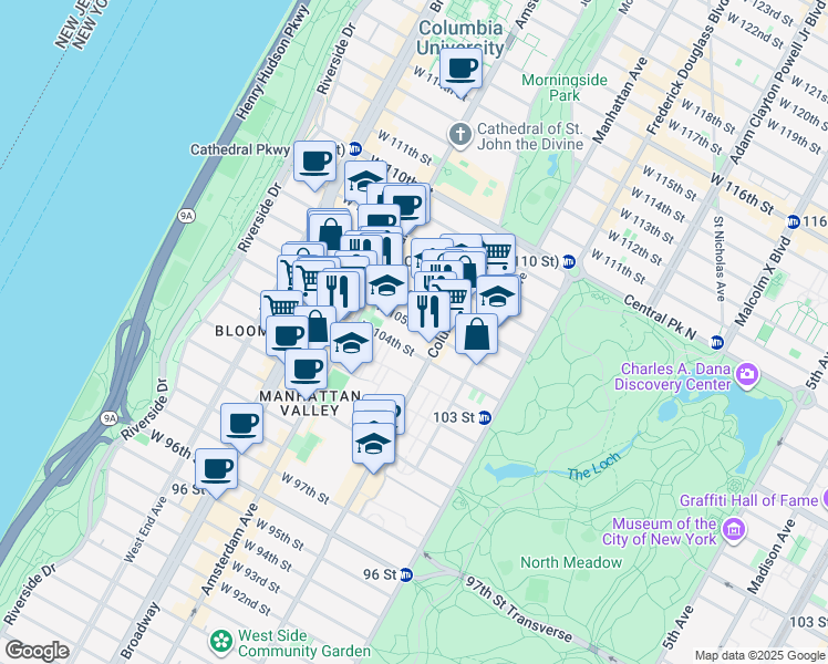 map of restaurants, bars, coffee shops, grocery stores, and more near 123-125 West 104th Street in New York