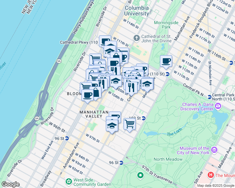 map of restaurants, bars, coffee shops, grocery stores, and more near 123-125 West 104th Street in New York
