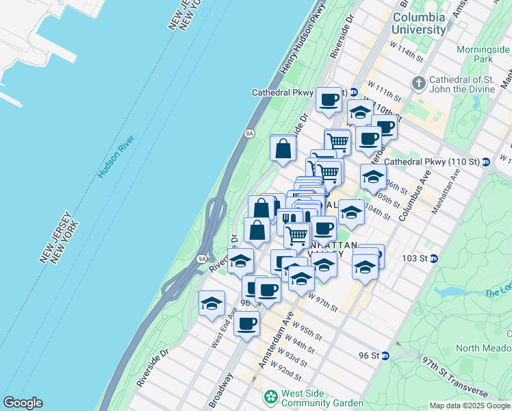 map of restaurants, bars, coffee shops, grocery stores, and more near 325 West 100th Street in New York