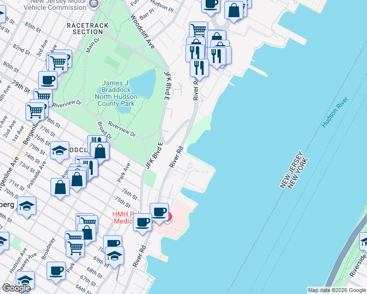 map of restaurants, bars, coffee shops, grocery stores, and more near 12760 River Road in North Bergen