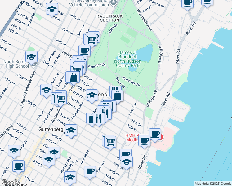 map of restaurants, bars, coffee shops, grocery stores, and more near 217 78th Street in North Bergen
