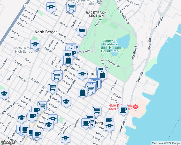 map of restaurants, bars, coffee shops, grocery stores, and more near in North Bergen