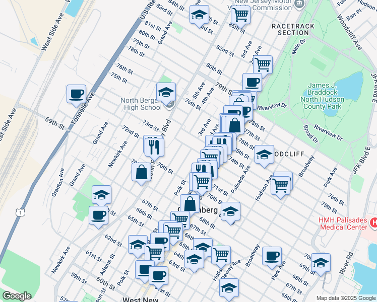 map of restaurants, bars, coffee shops, grocery stores, and more near 705 73rd Street in North Bergen