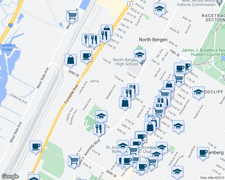 map of restaurants, bars, coffee shops, grocery stores, and more near 1306 70th Street in North Bergen