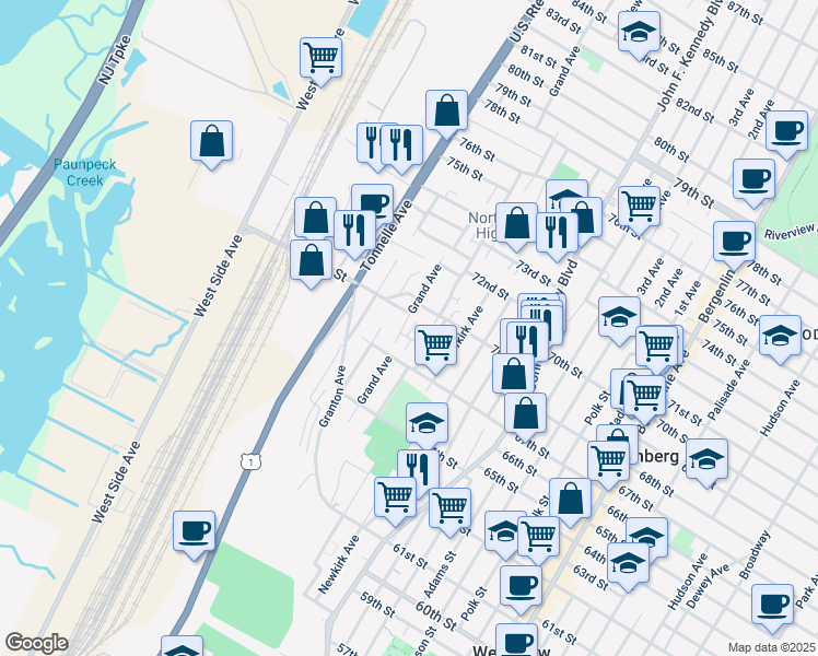 map of restaurants, bars, coffee shops, grocery stores, and more near 1461A 68th Street in North Bergen