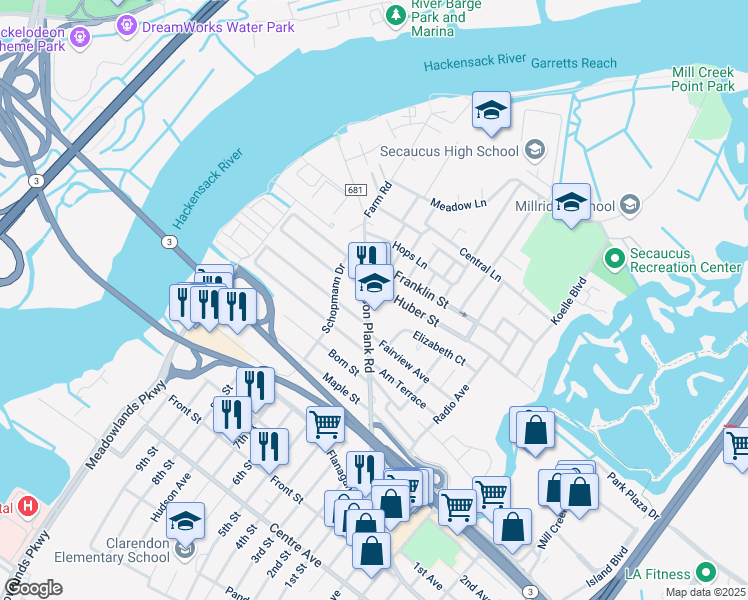 map of restaurants, bars, coffee shops, grocery stores, and more near 1520 Paterson Plank Road in Secaucus