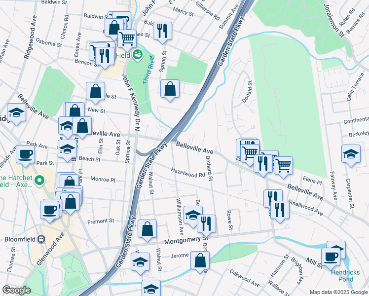 map of restaurants, bars, coffee shops, grocery stores, and more near 33 Clarendon Place in Bloomfield