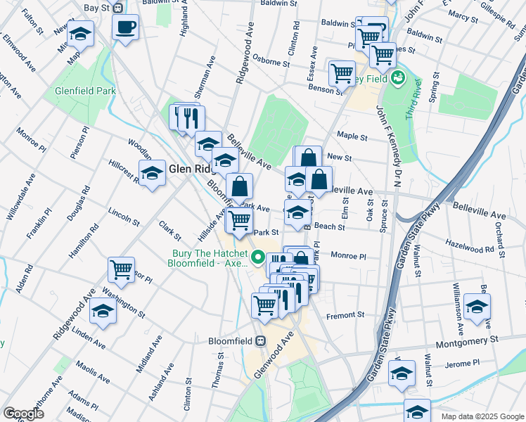 map of restaurants, bars, coffee shops, grocery stores, and more near 735 Bloomfield Avenue in Bloomfield