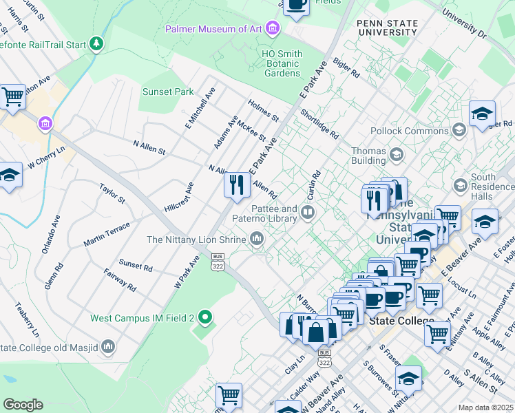 map of restaurants, bars, coffee shops, grocery stores, and more near in State College