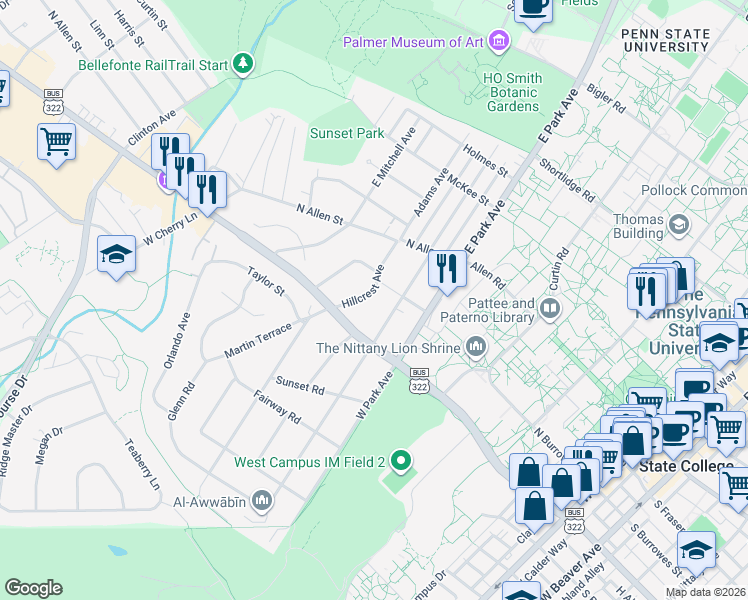 map of restaurants, bars, coffee shops, grocery stores, and more near 100-298 Hillcrest Avenue in State College