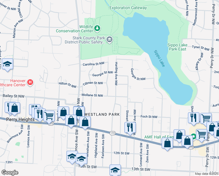 map of restaurants, bars, coffee shops, grocery stores, and more near 446 Windamere Avenue Northwest in Massillon