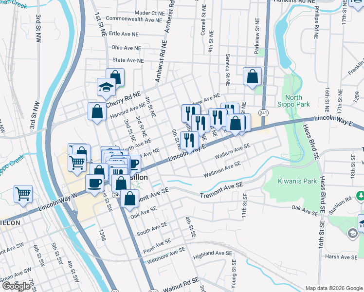 map of restaurants, bars, coffee shops, grocery stores, and more near 17 5th Street Northeast in Massillon