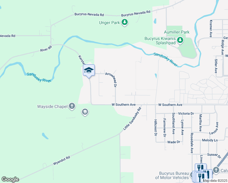 map of restaurants, bars, coffee shops, grocery stores, and more near 875 Arrowhead Drive in Bucyrus