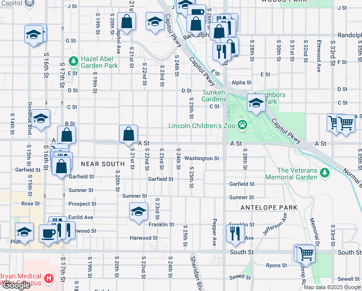 map of restaurants, bars, coffee shops, grocery stores, and more near 2335 A Street in Lincoln