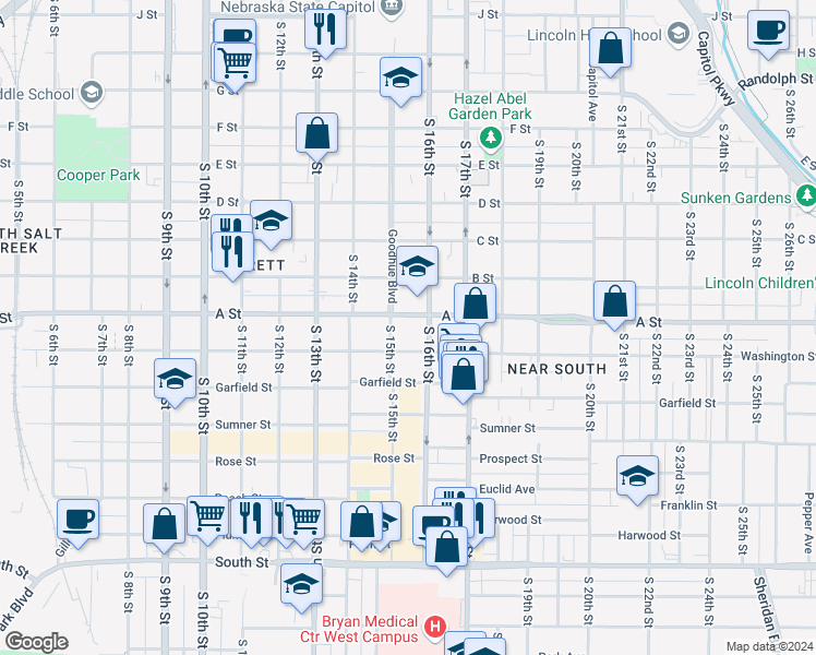 map of restaurants, bars, coffee shops, grocery stores, and more near 1524 Washington Street in Lincoln