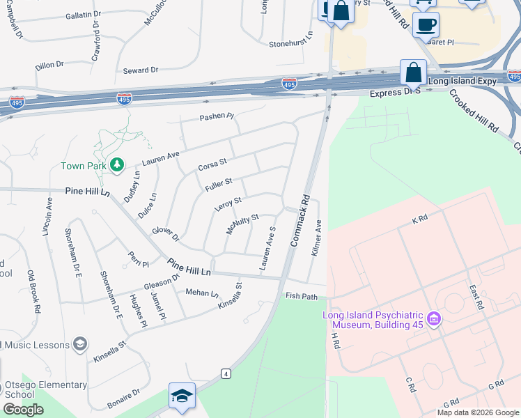 map of restaurants, bars, coffee shops, grocery stores, and more near 6 McNulty Street in Dix Hills