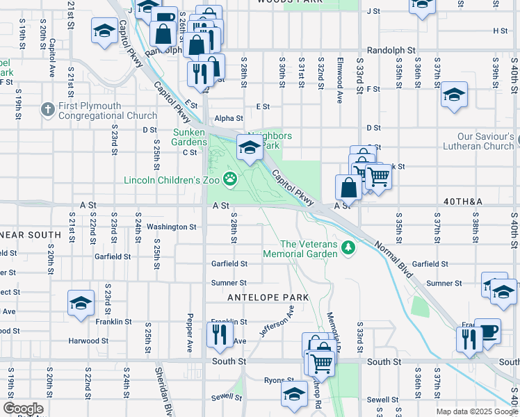 map of restaurants, bars, coffee shops, grocery stores, and more near 2901 A Street in Lincoln