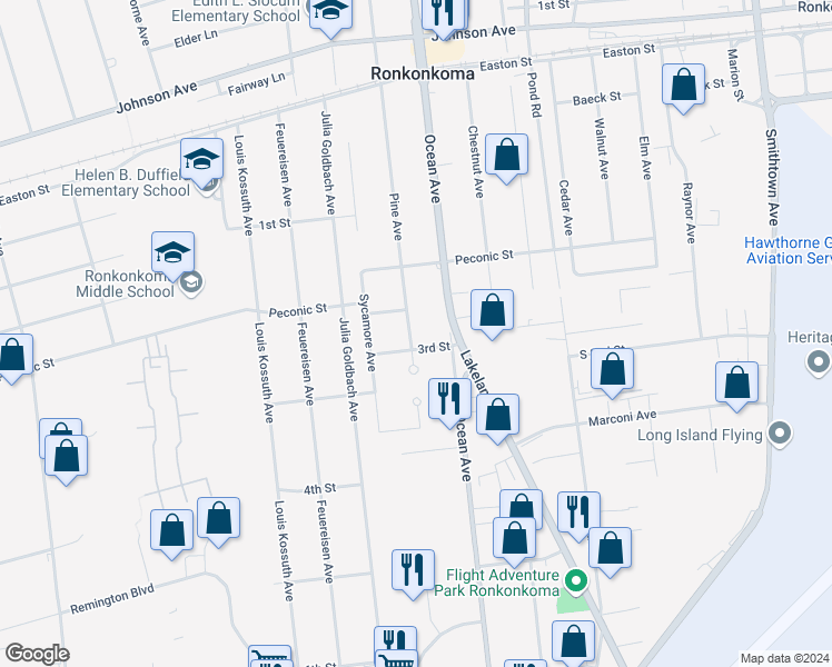 map of restaurants, bars, coffee shops, grocery stores, and more near 2163 Pine Avenue in Ronkonkoma