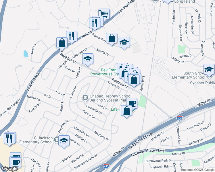 map of restaurants, bars, coffee shops, grocery stores, and more near 43 Favorite Lane in Jericho
