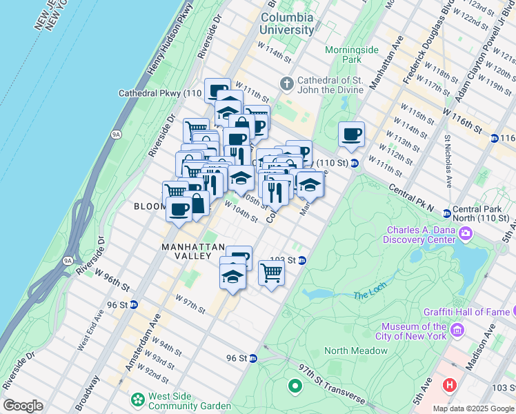 map of restaurants, bars, coffee shops, grocery stores, and more near 122 West 105th Street in New York