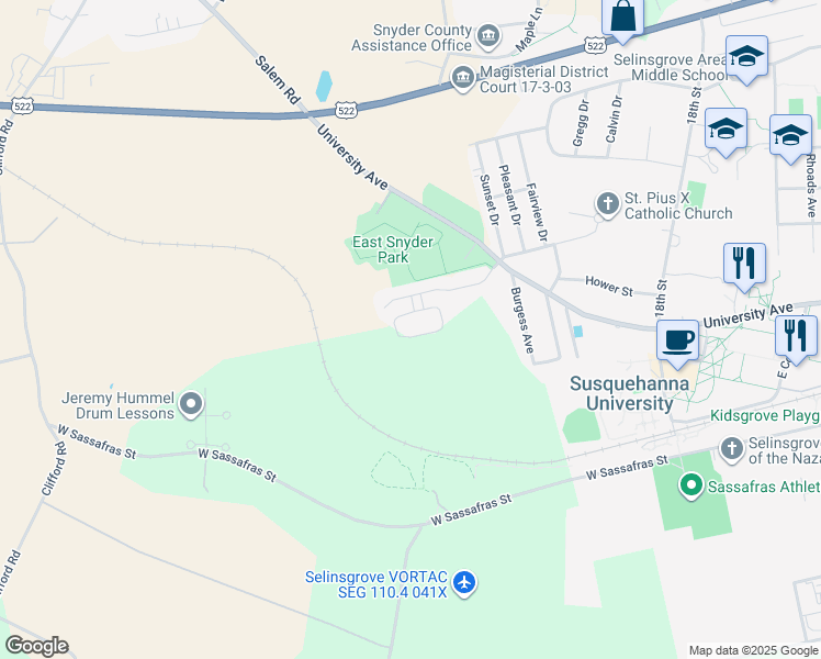 map of restaurants, bars, coffee shops, grocery stores, and more near 29 Grayson View Court in Selinsgrove