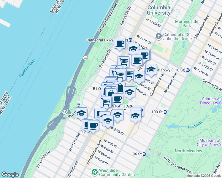 map of restaurants, bars, coffee shops, grocery stores, and more near 235 West 102nd Street in New York