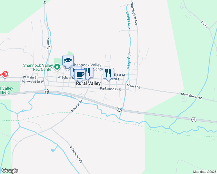 map of restaurants, bars, coffee shops, grocery stores, and more near 922 Parkwood Drive West in Rural Valley