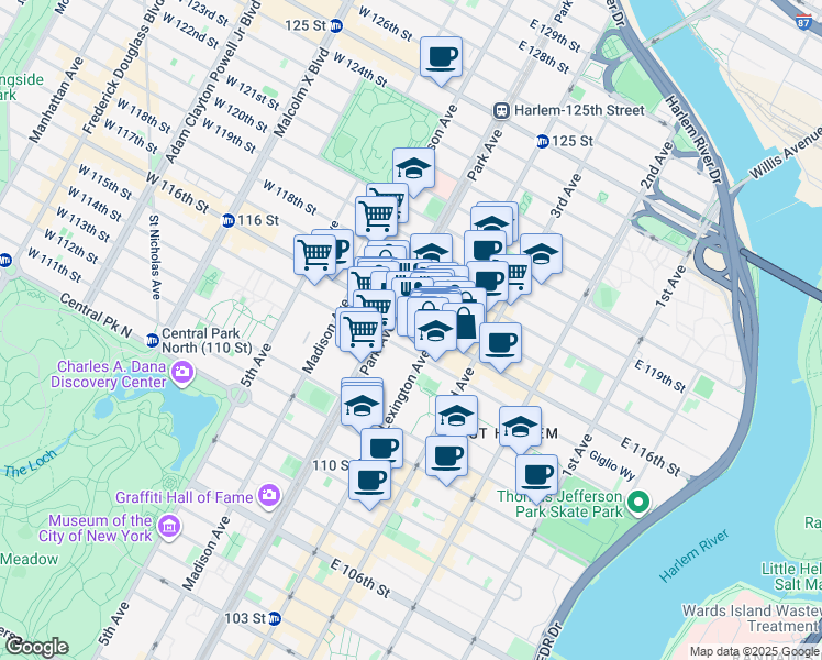 map of restaurants, bars, coffee shops, grocery stores, and more near 114 East 116th Street in New York