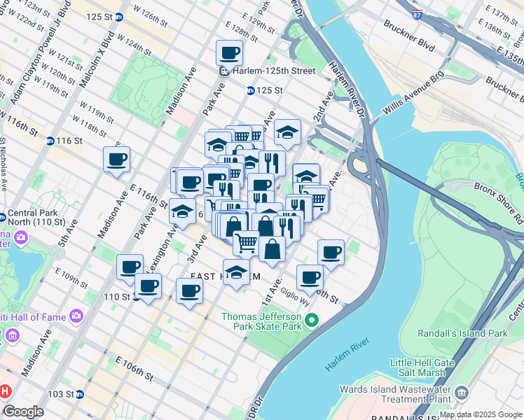 map of restaurants, bars, coffee shops, grocery stores, and more near in New York