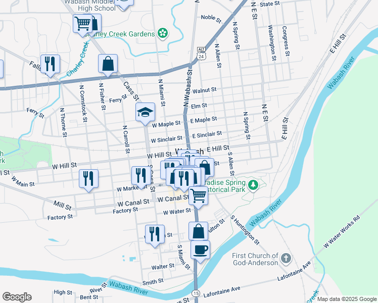 map of restaurants, bars, coffee shops, grocery stores, and more near in Wabash