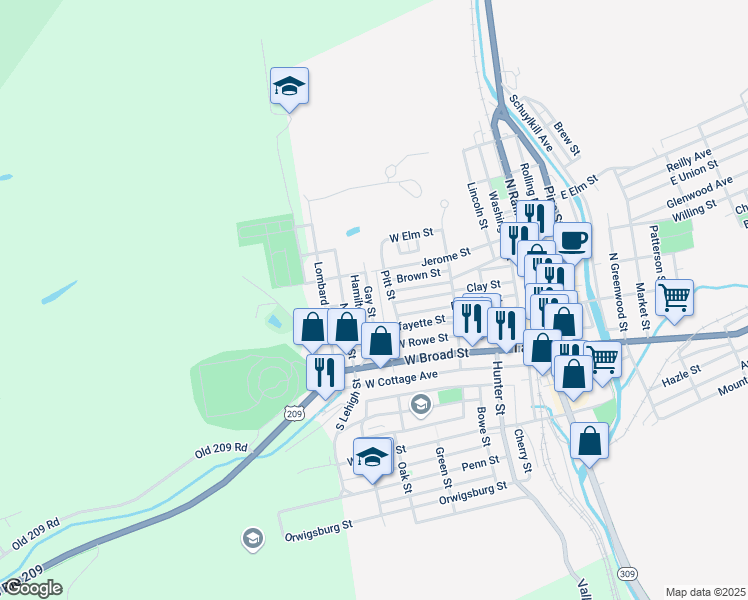 map of restaurants, bars, coffee shops, grocery stores, and more near 203 Gay Street in Tamaqua
