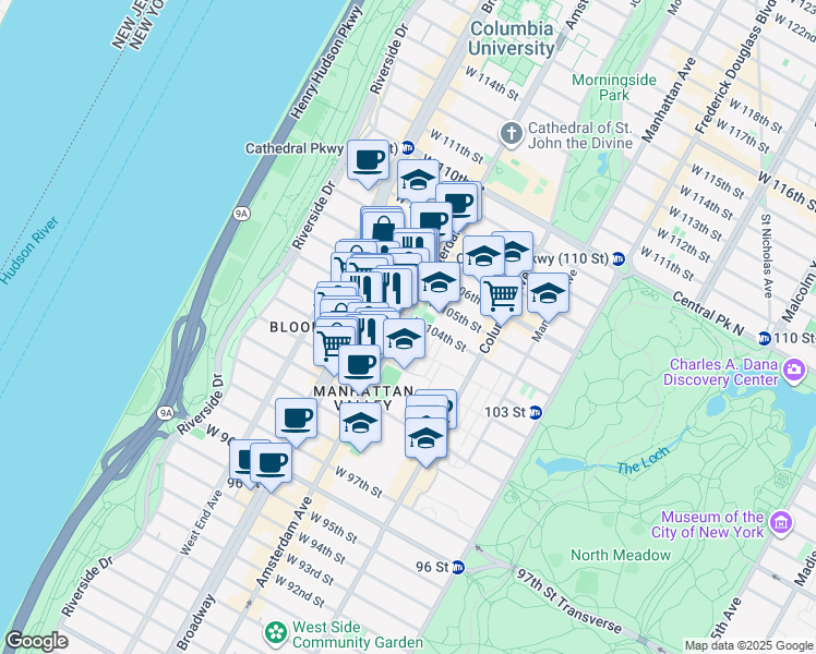 map of restaurants, bars, coffee shops, grocery stores, and more near 891 Amsterdam Avenue in New York