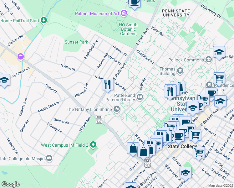 map of restaurants, bars, coffee shops, grocery stores, and more near in State College