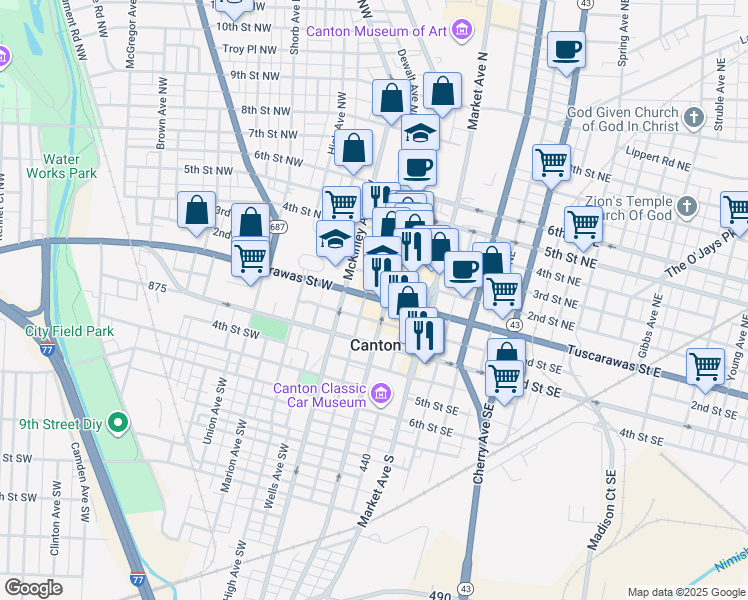 map of restaurants, bars, coffee shops, grocery stores, and more near in Canton