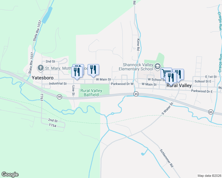 map of restaurants, bars, coffee shops, grocery stores, and more near 300 Parkwood Drive West in Rural Valley