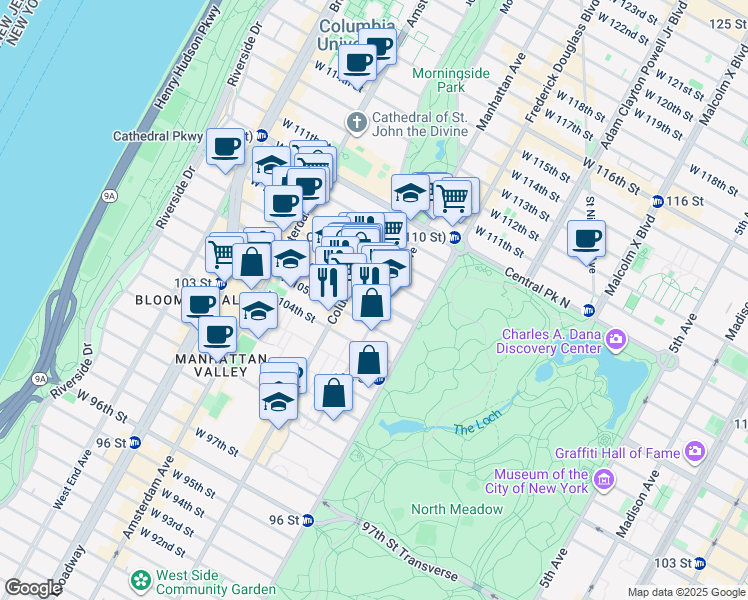 map of restaurants, bars, coffee shops, grocery stores, and more near 55 West 106th Street in New York