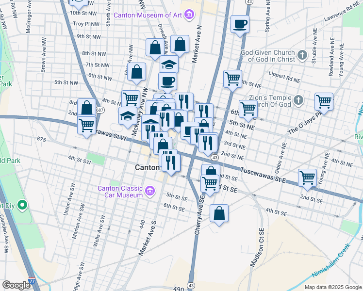 map of restaurants, bars, coffee shops, grocery stores, and more near 202 2nd Street Northeast in Canton