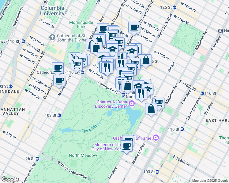 map of restaurants, bars, coffee shops, grocery stores, and more near Central Park North in New York