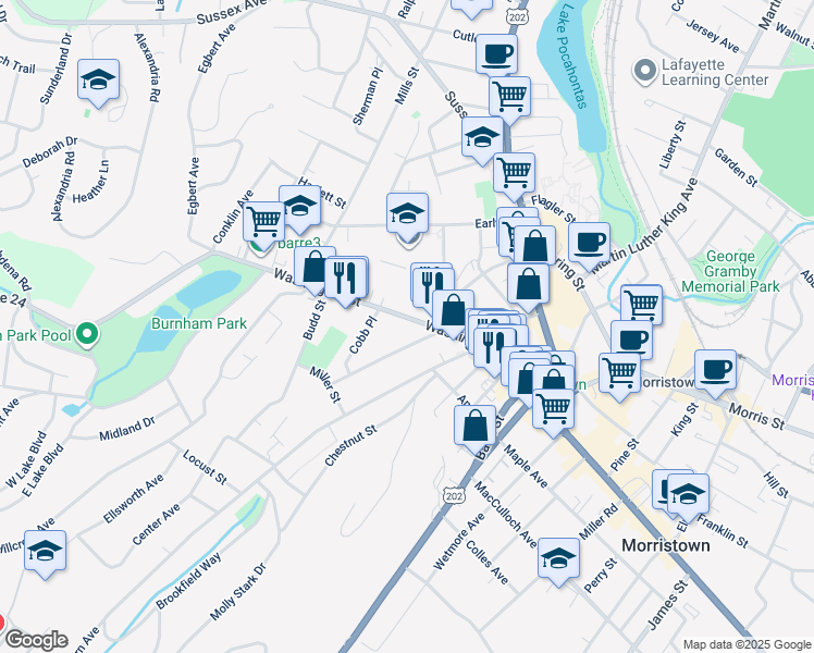 map of restaurants, bars, coffee shops, grocery stores, and more near 88 Washington Street in Morristown