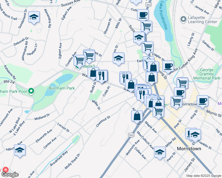 map of restaurants, bars, coffee shops, grocery stores, and more near 102 Washington Street in Morristown
