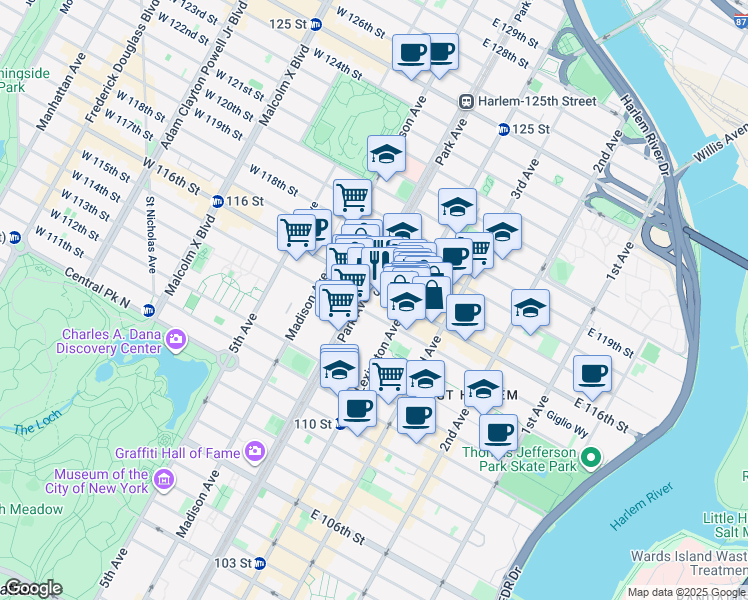 map of restaurants, bars, coffee shops, grocery stores, and more near 109 East 116th Street in New York