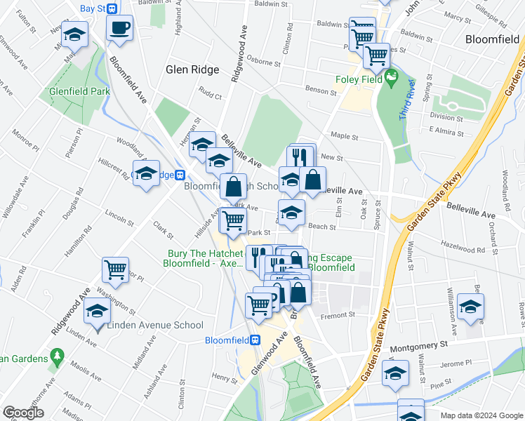 map of restaurants, bars, coffee shops, grocery stores, and more near 38 Park Avenue in Bloomfield
