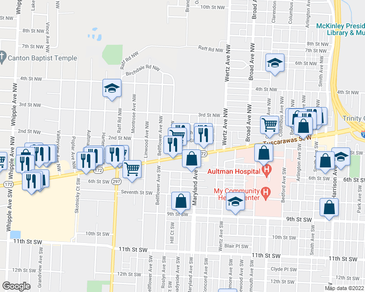 map of restaurants, bars, coffee shops, grocery stores, and more near 3212 Glenn Place Northwest in Canton