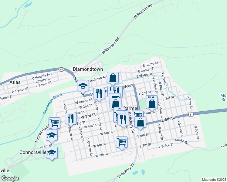 map of restaurants, bars, coffee shops, grocery stores, and more near 0 West Mount Carmel Avenue in Mount Carmel