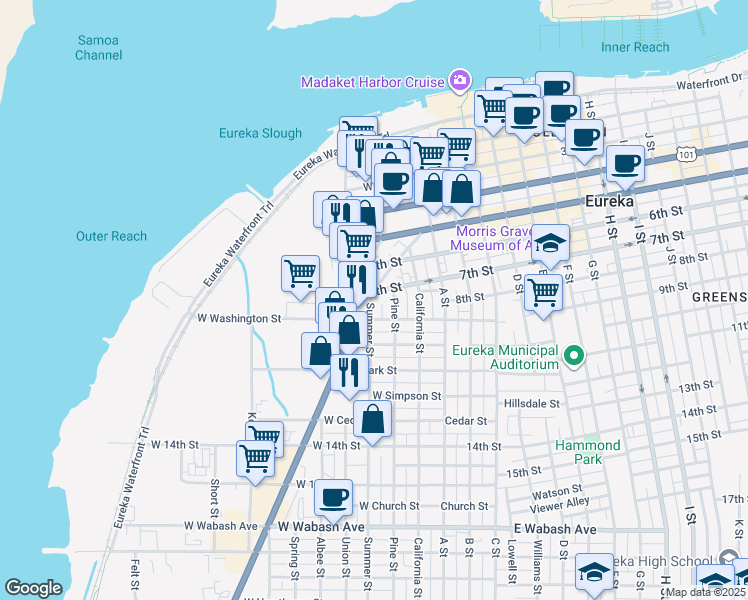 map of restaurants, bars, coffee shops, grocery stores, and more near 823 Broadway in Eureka